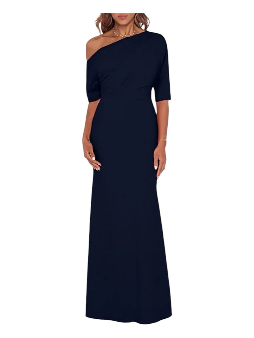 Betsy & Adam One-Shoulder Navy Evening Gown